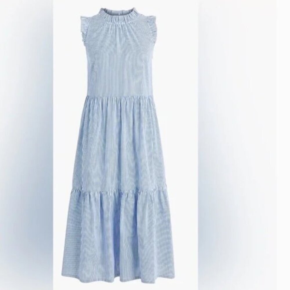 J Crew Sleeveless Tiered Midi Dress Cotton Poplin Blue Stripe Size 2